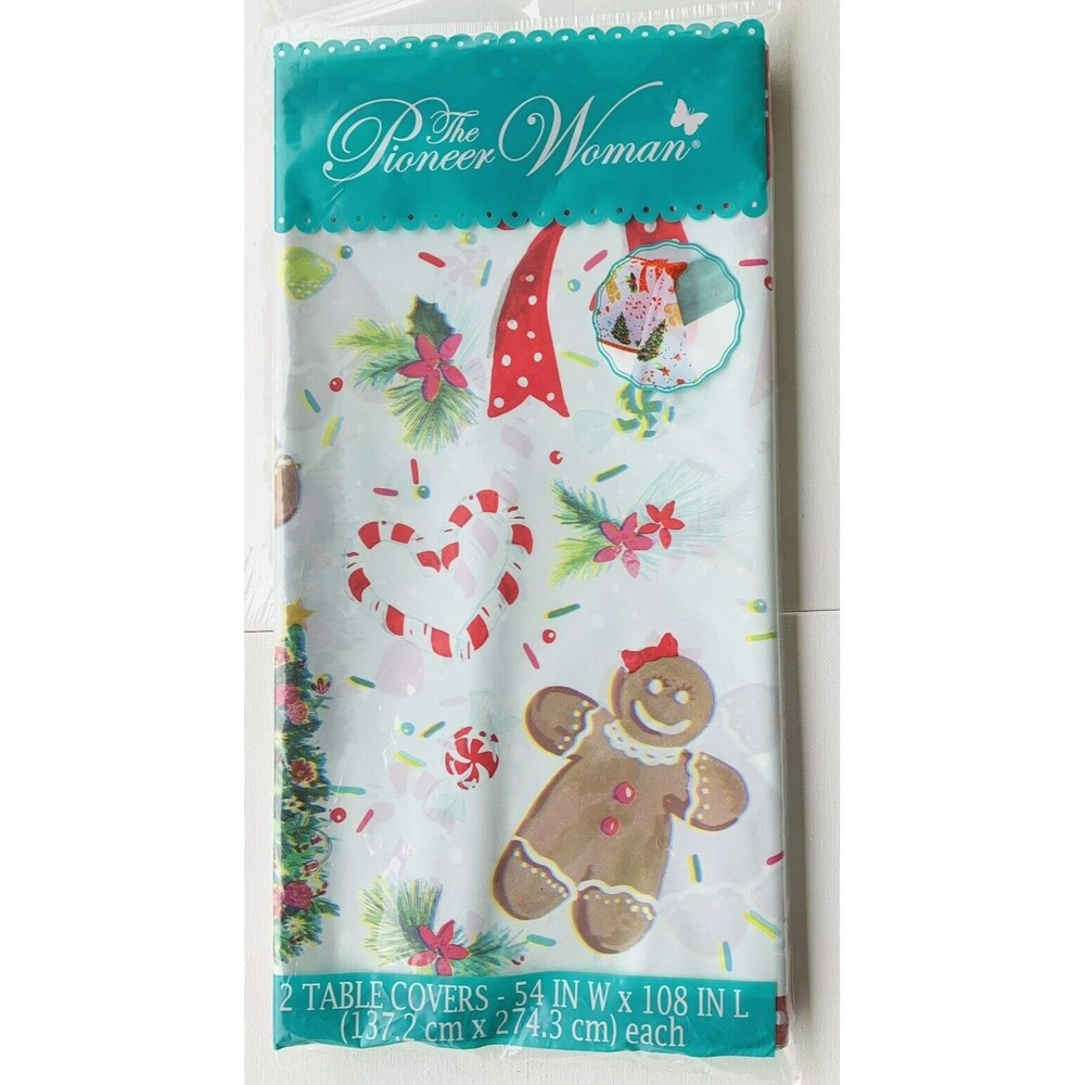2 The Pioneer Woman Gingerbread Man Plastic Table Covers 54x108 Red Polka Teal - Picture 3 of 14